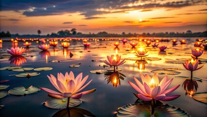 A fleet of lotus flowers bloom on the lake's surface, their delicate petals glowing like lanterns in the fading light.