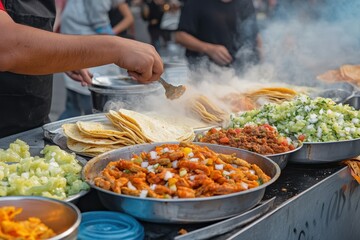 Taco Truck Gathering: A popular taco truck surrounded by people enjoying street food, with a festive, lively atmosphere.