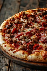 A delicious meat lover's pizza topped with pepperoni and sausage on a rustic wooden table, inviting and ready to serve for a meal