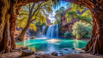 A hidden doorway behind Havasu Falls leads to an enchanted realm, where crystals and gemstones grow on ancient trees