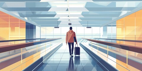Airport terminal scene person walking towards camera in airport terminal, wearing red jacket, carrying black suitcase. Ceiling with large windows allows natural to flood space creating bright