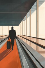 Black man walks down escalator in modern airport terminal carrying suitcase. Minimalist illustration features clean lines and flat colors depicting traveler on moving walkway.