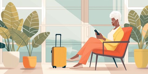 Serene indoor setting features woman reading in orange armchair. Suitcase nearby suggests travel or preparation for trip. Potted plants and window offering view of trees add natural touches to space.
