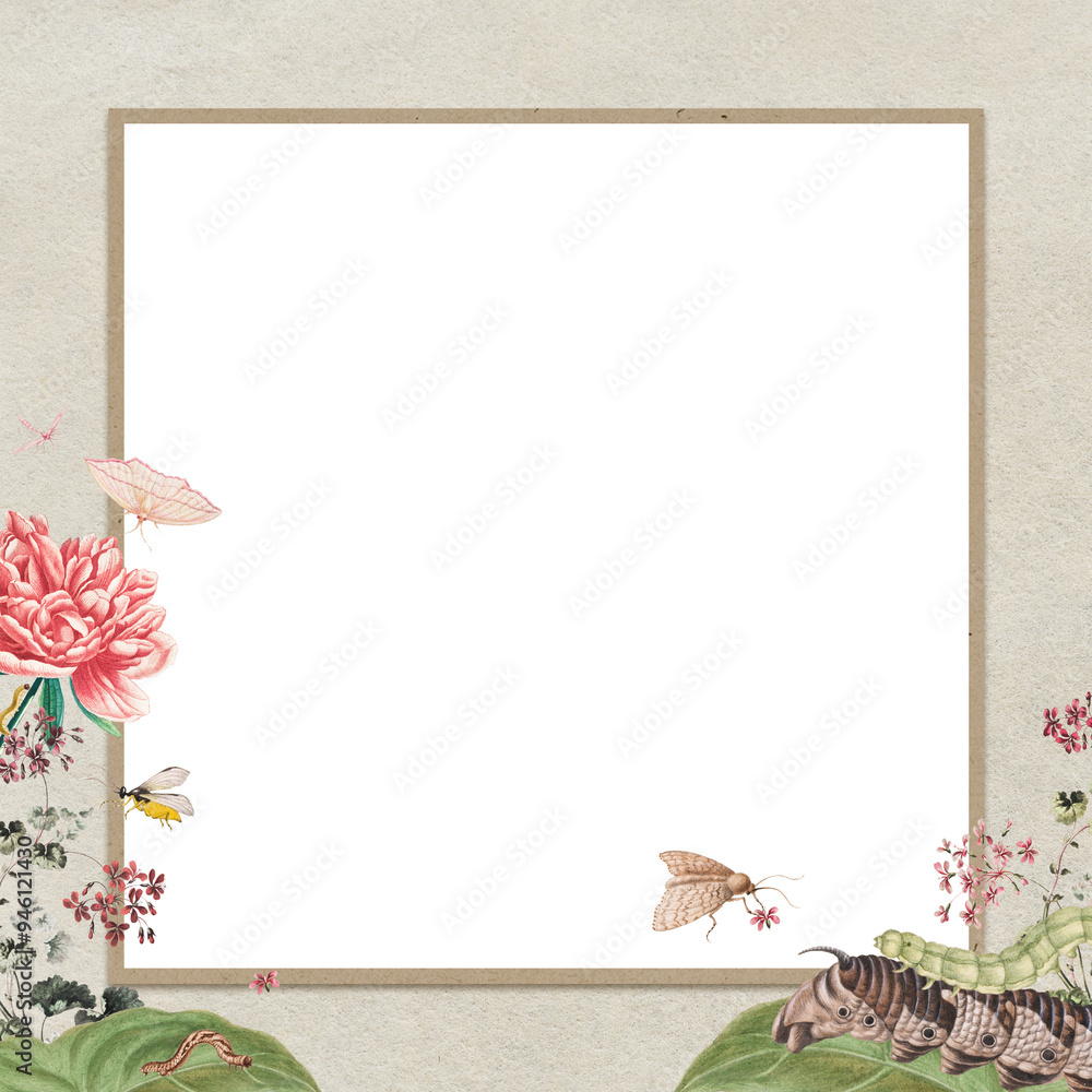 Wall mural vintage floral frame with butterfly, insect and caterpillar design element