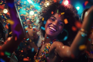 African American woman dances in nightclub surrounded by friends. She wears a colorful dress and holds a confetti cannon. Party-goers celebrate with vibrant lights, confetti, and dynamic movement.