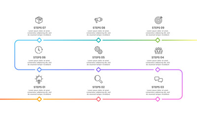 Business infographic timeline design template with 9 steps to success. Business presentation, Report, Milestone, Planning, and Roadmap. Vector illustration.