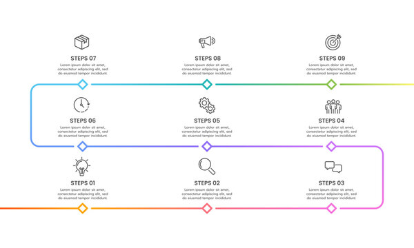 Business infographic timeline design template with 9 steps to success. Business presentation, Report, Milestone, Planning, and Roadmap. Vector illustration.