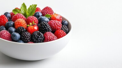 Juicy fresh berries in a bowl, glistening with freshness, vibrant colors, healthy and delicious