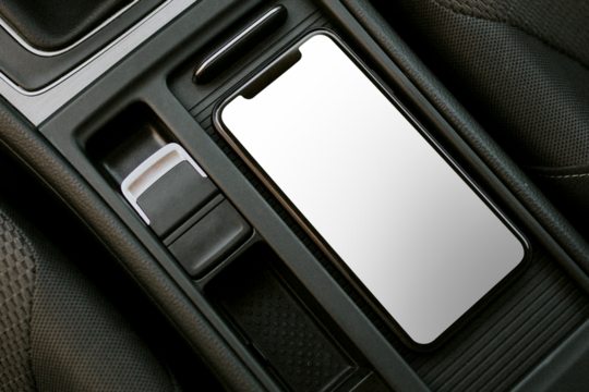 Transparent phone screen png mockup, car wireless charging technology