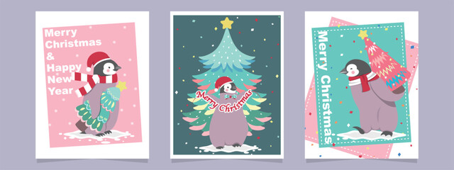 Hand-Drawn Christmas Greetings cards with cartoon penguin and Christmas tree. Vector illustration. Merry Christmas.