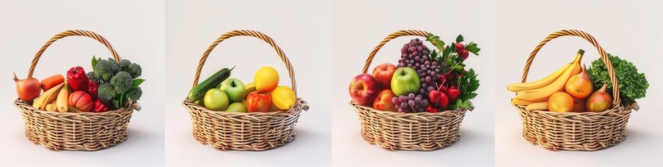 A set of four images, each showing a basket of fruits and vegetables arranged in a row on a white background. © IULIIA
