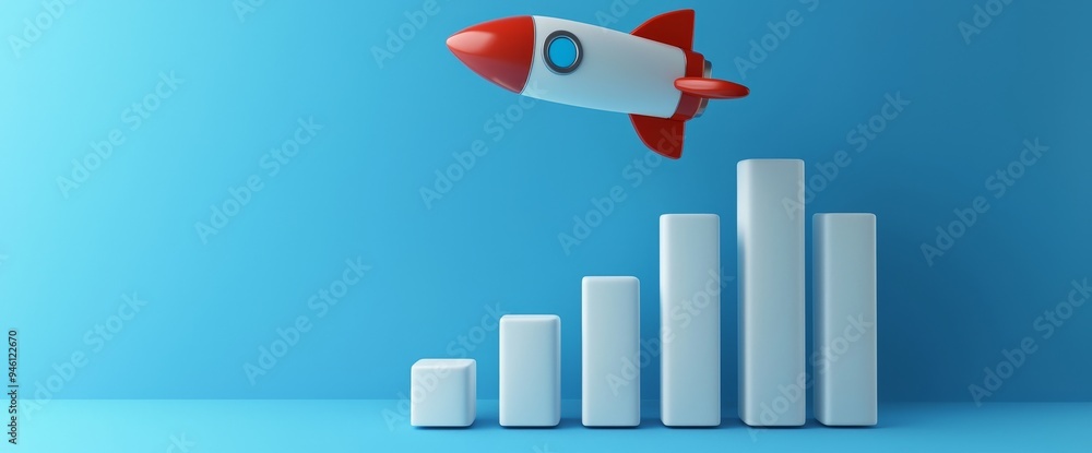 Poster business development graph with rocket rising up. abstract rocket launch and graph growth. success s