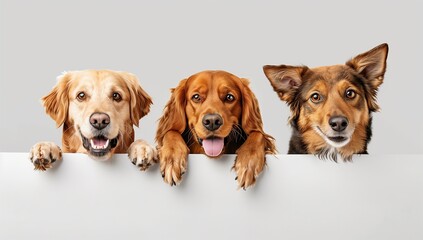 Three dogs peeking over the edge of an empty white banner, isolated on a light grey background with copy space.