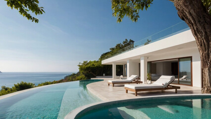 A large pool with a white wall and a blue sky in the background. The pool is surrounded by white lounge chairs