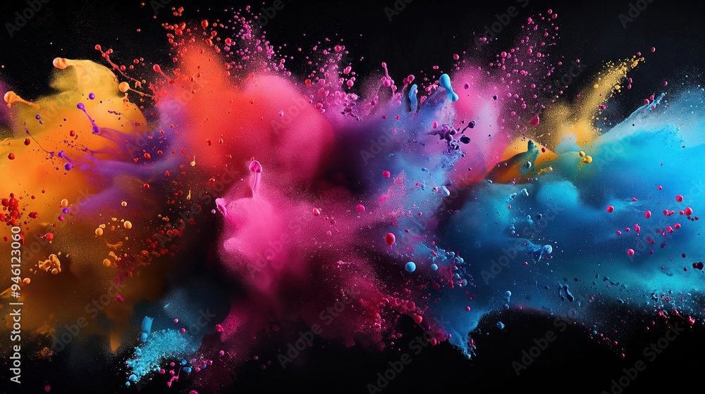 Aufkleber vibrant colorful paint splatters on a dark black background create an abstract design. swirling colo