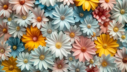 Colorful daisy background. A multitude of beautiful pastel-colored flowers. Realistic 3D floral texture