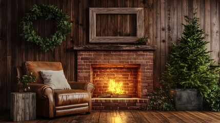 Cozy Farmhouse Living Space with Warm Wood Paneling and Brick Fireplace
