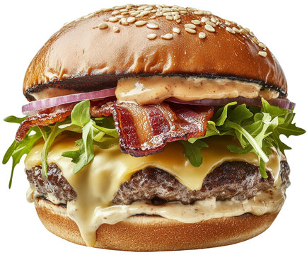 Gourmet bacon cheeseburger with arugula and sesame seed bun. cut out, PNG, isolated on transparent background.