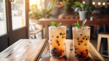 Glass cup filled with bubble tea on wooden table in a cafe setting. Iced drink has brown sugar syrup and milk. Pearl-like bubbles float on top of the beverage.