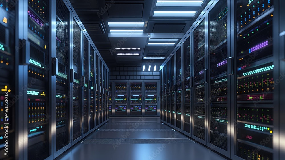 Poster Modern data center filled with rack servers, supercomputers in futuristic room. Artificial intelligence technology concept with blue lights, cables. Equipment for cloud computing, networking, storage.