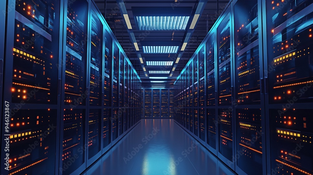 Aufkleber Data center full of rack servers, supercomputers, and AI technology. Modern telecommunications infrastructure supports deep learning, cloud computing, and network storage.