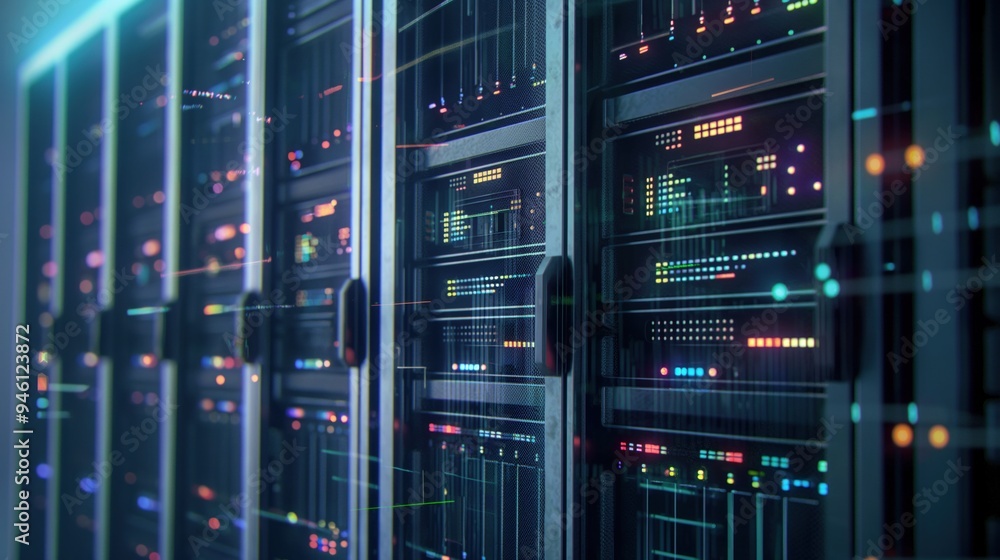 Aufkleber high-tech server room with rows of computer servers in a data center. modern technology infrastructu