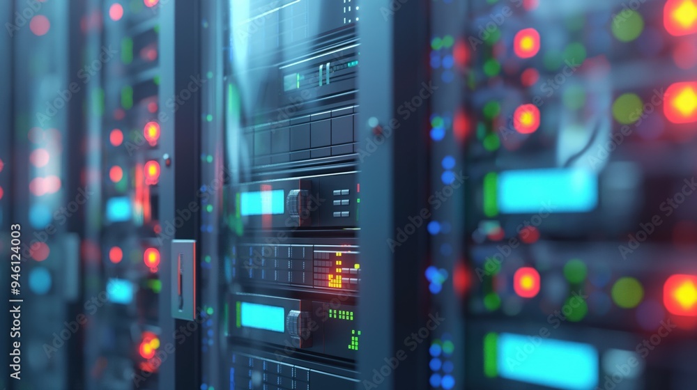 Poster close-up of server equipment in data center with flickering light indicators. row upon row of comput