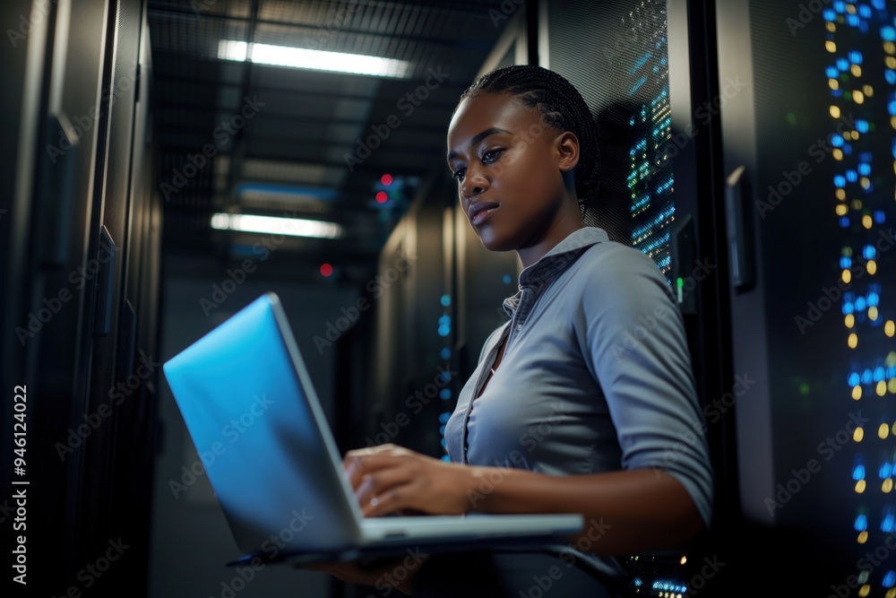 Fototapete female it support engineer works in dark server room surrounded by network equipment, laptop, and da