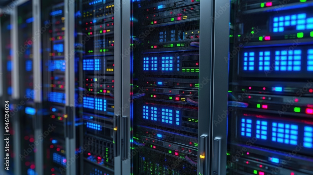 Poster Modern data center facility with rows of high-density servers in secure environment. Room well-illuminated with LED, computing equipment, network infrastructure. Various types of servers connected to