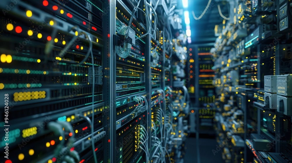 Poster data center server room filled with telecommunication equipment and cloud hosting infrastructure. ro