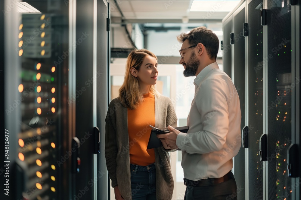 Poster two colleagues in a server room discuss technical issues. one is a female manager, the other a male 