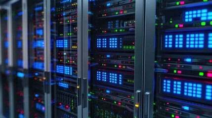 Modern data center facility with rows of high-density servers in secure environment. Room well-illuminated with LED, computing equipment, network infrastructure. Various types of servers connected to