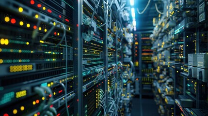 Naklejka premium Data center server room filled with telecommunication equipment and cloud hosting infrastructure. Rows of servers, networking devices, and data storage systems.