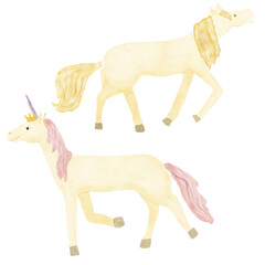 Fairytale unicorn and golden horse princess. Watercolor illustration in digital. A set of cheerful, cute horses and a unicorn in a children's style, isolated on the background. Children's illustration