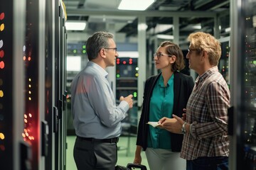 Three colleagues in a server room discuss technical issues, one is a female technician, the other is a male engineer. They work together to resolve problems in the network system.