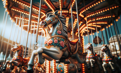 Ein Pferd auf einem traditionellen Kettenkarussell, copy space, close-up