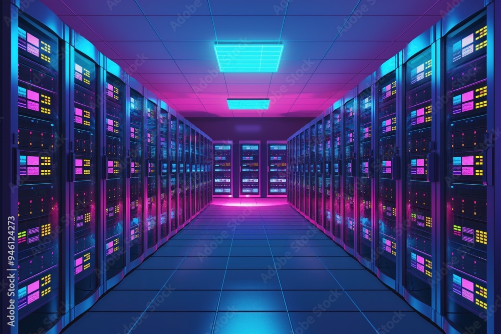 Poster Server room interior in datacenter with rows of high-density racks containing networking equipment. Computer systems, servers, and storage units are organized for optimal performance and scalability.