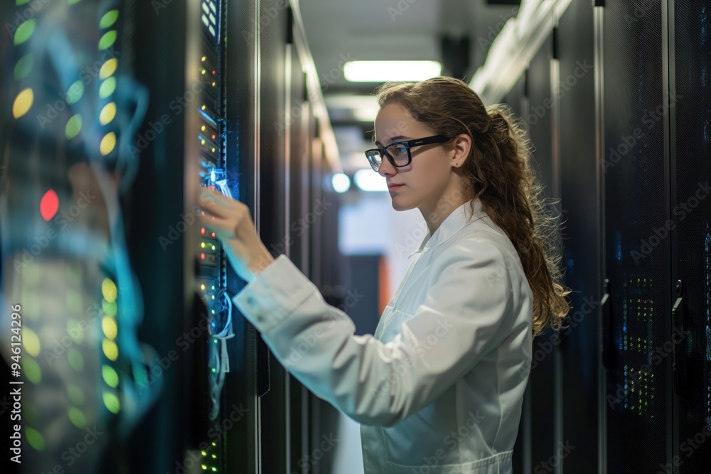 Aufkleber Young female engineer works in modern data center server room. Sits in front of rack-mounted servers, laptops, network equipment. Hands move quickly as configures systems, checks connections.