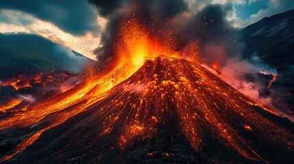 Volcano Eruption with Fiery Lava and Smoke