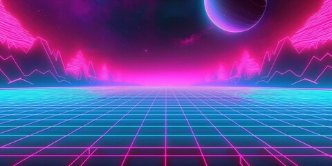 Neon lit background with vibrant blue, pink, purple colors. Grid pattern on bottom, 80s style design with futuristic, retro feel. Bright, glowing lights create lively atmosphere.