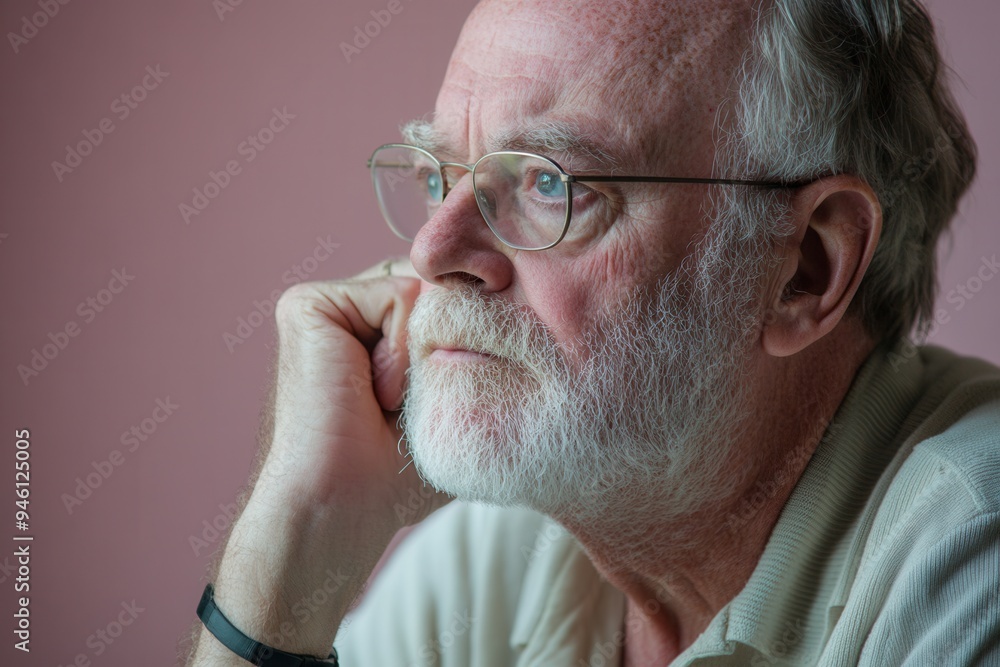 Poster an elderly man sits in a serene room, resting his chin on his hand while deep in thought, illuminate