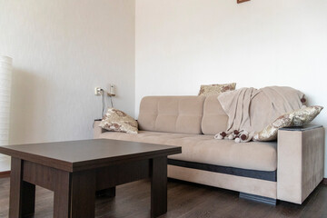 Shot of the sofa in the small room. Interior design