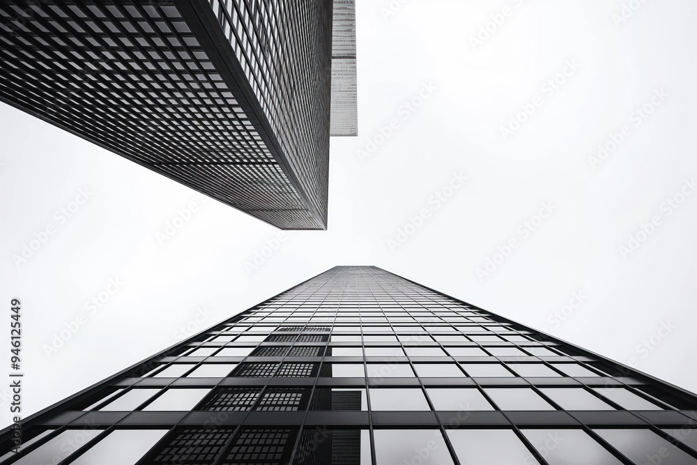 Poster modern skyscraper facade in black and white from below angle. white sky on left side serves as copy 