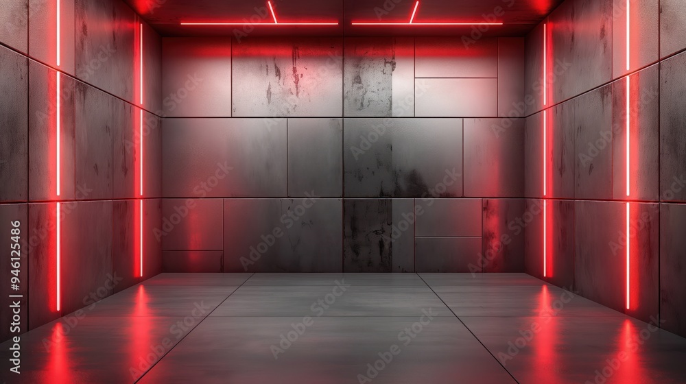 Aufkleber Empty grey steel room with red neon lights. Metallic walls and floor create a modern urban space. Clean and blank environment ideal for product presentation or gallery display.
