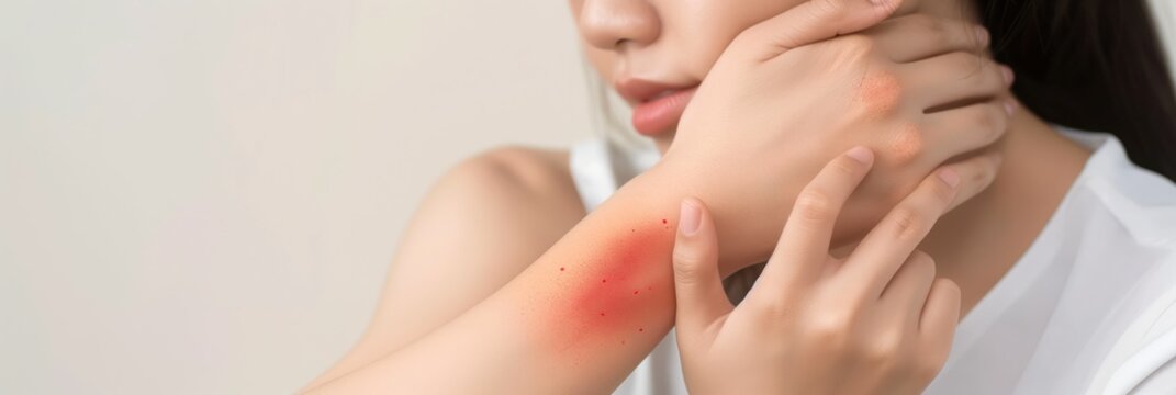 Asian young woman experiencing allergic reaction on her arm, scratching itchy red spot from insect bites. Dermatology healthcare treatment for sensitive skin, eczema, dermatitis, allergy symptoms.