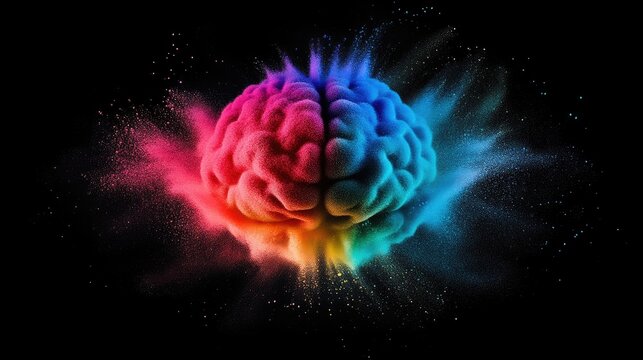 Digital Brain Exploding in Vibrant Powder Colors