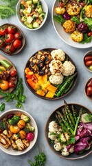 A vibrant array of vegetable dishes showcases grilled vegetables and fresh salads arranged beautifully on a rustic table