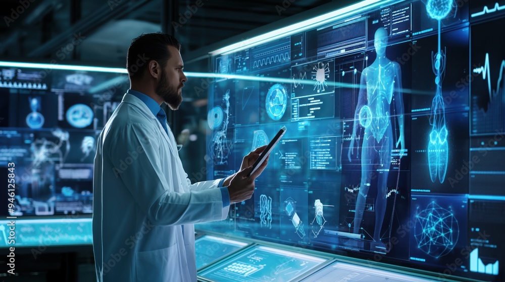 Aufkleber Futuristic doctor interacts with digital medical interface. Man in medical uniform operates computer screen with molecular design. Hands press buttons on equipment in laboratory setting.