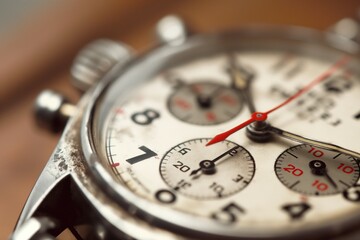 Close-up of silver watch with white face, black numbers. Red second hand, black minute hand on wooden surface. Blurred background suggests room or setting. Elevated angle view of watch face, hands.