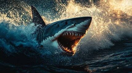 Obraz premium A large, ferocious shark emerges powerfully from tumultuous ocean waves under a stormy sky. 